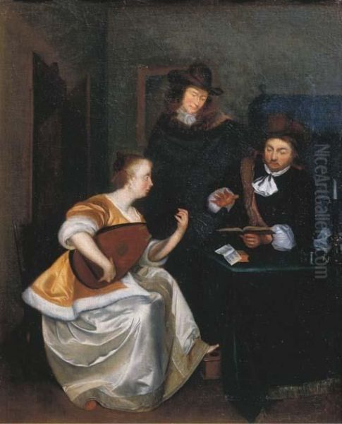 A Woman Playing The Theorbo Accompanied By Two Gentlemen, In Aninterior - view 1
