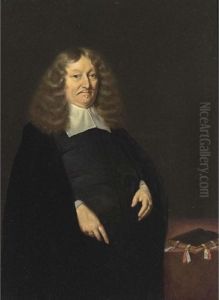 A Portrait Of Andries De Graeff
(1611-1678), Burgomaster Of Amsterdam, Standing Three-quarter Length,
Wearing A Black Suit And White Collar, Beside A Desk With A Book by Gerard Terborch