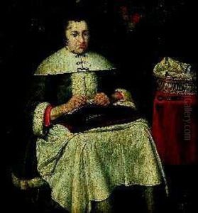 A Lady Seated Sewing, Her Basket And Scissors Beside Her by Gerard Terborch