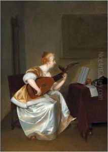 A Woman Playing A Lute by Gerard Terborch