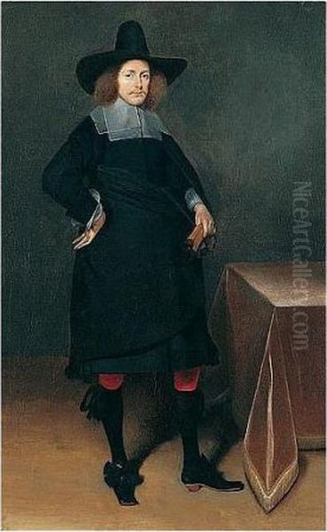 A Portrait Of A Gentleman,
Standing Full-length, Wearing A Black Suit And Hat With White Collar And
Cuffs And Holding Gloves, Near A Draped Table - view 1