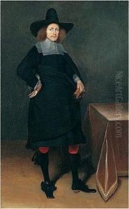 A Portrait Of A Gentleman,
Standing Full-length, Wearing A Black Suit And Hat With White Collar And
Cuffs And Holding Gloves, Near A Draped Table by Gerard Terborch