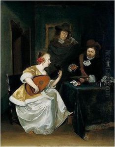 An Interior With Two Gentlemen And A Lady Playing A Lute by Gerard Terborch