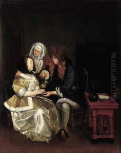 An Elegant Couple Attended By A Procuress by Gerard Terborch