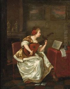 A Woman, Seated By A Table In An Interior, Playing The Lute