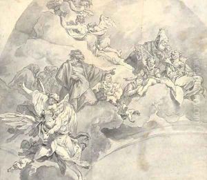 A ceiling study with angels and figures on clouds by Venetian School