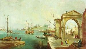 A capriccio of the Venetian lagoon with a triumphal arch by Venetian School