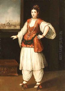 Portrait of a Sultana with a Capriccio of Istanbul through a window beyond