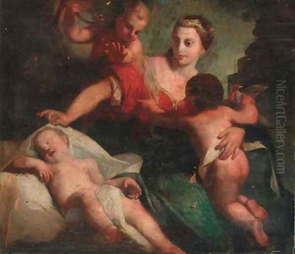 A lady with a tiara surrounded by three putti - view 1