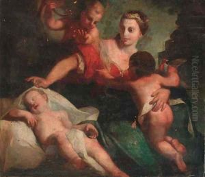 A lady with a tiara surrounded by three putti by Venetian School