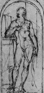 Saint Jerome, nude, standing in an inscribed niche by Venetian School