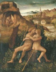 Venus and Mars in a river landscape with Vulcan labouring in his forge by Venetian School