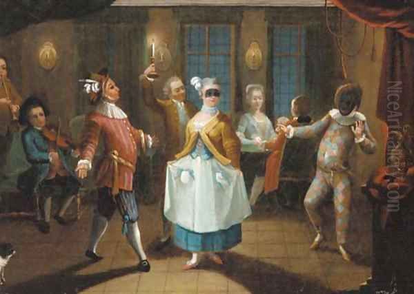 Elegant figures dancing in an interior with a harlequin - view 1