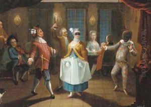 Elegant figures dancing in an interior with a harlequin
