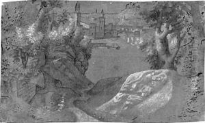 A rocky landscape with a town in the background by Venetian School