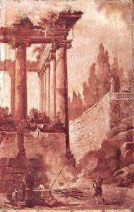 A Capriccio Of A Ruined Ionic Temple With Figures Before A Campfire