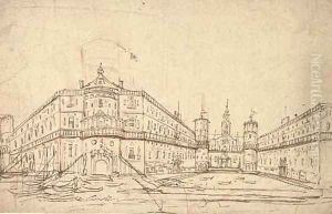 A fantastic palace by a canal Design for a theatre by Venetian School