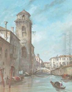 A view of a Venetian canal with a tower, a gondola in the foreground by Venetian School