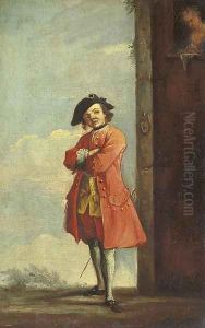 A gentleman in a landscape, with a lady at a window in a tower