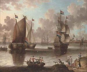 A Dutch warship and fishing vessels in a calm by Abraham Storck
