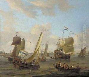 Shipping on the IJ off Amsterdam with a smalschip, a Dutch man-o'-war, and other vessels