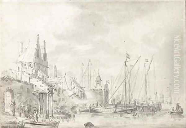 A busy harbour with figure loading a small boat - view 1