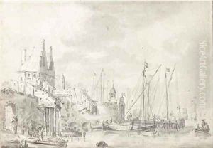 A busy harbour with figure loading a small boat