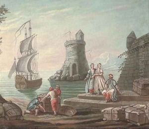 A Mediterranean harbour with elegant figures and fishermen by the quay, a ship and a lighthouse beyond