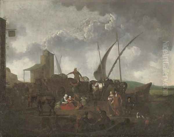 A Mediterranean harbour with stevedores unloading and elegant company - view 1