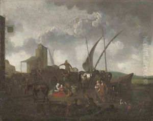 A Mediterranean harbour with stevedores unloading and elegant company by Abraham Storck