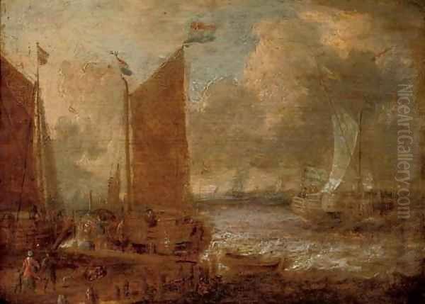 A harbour scene with shipping and steverdores on the quay - view 1
