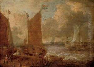 A harbour scene with shipping and steverdores on the quay by Abraham Storck