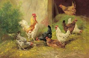A cockerel and chickens in a farmyard by Henri Schouten