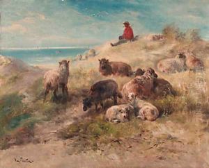 A shepherd and flock resting in the dunes by Henri Schouten