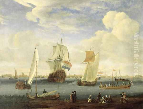 A view of the IJ, Amsterdam, with elegant couples having a picknick on the shore in the foreground - view 1