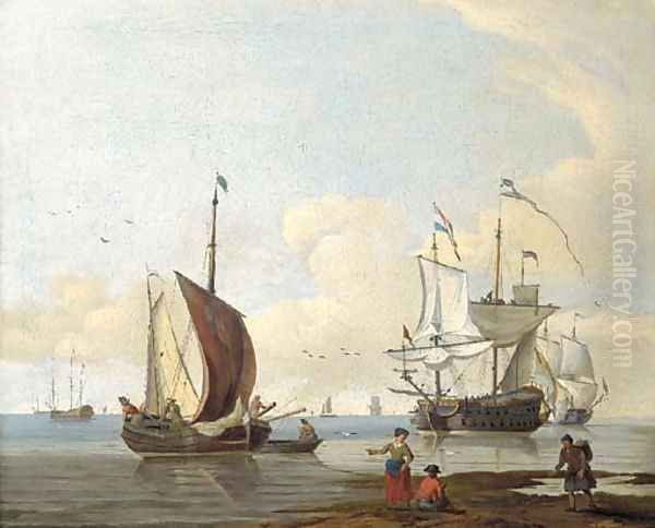 Dutch men'o-war and other shipping in calm seas, figures on a beach in the foreground - view 1