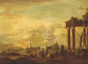 A Mediterranean coastal inlet with shipping and stevedores by classical ruins