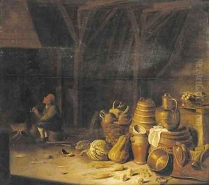 The interior of a barn with a peasant smoking a pipe by a fireside by Pieter van Steenwyck