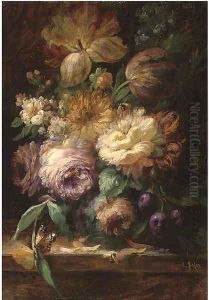 Roses and tuplips in a vase, with plums, a bee and butterfly on a stone ledge