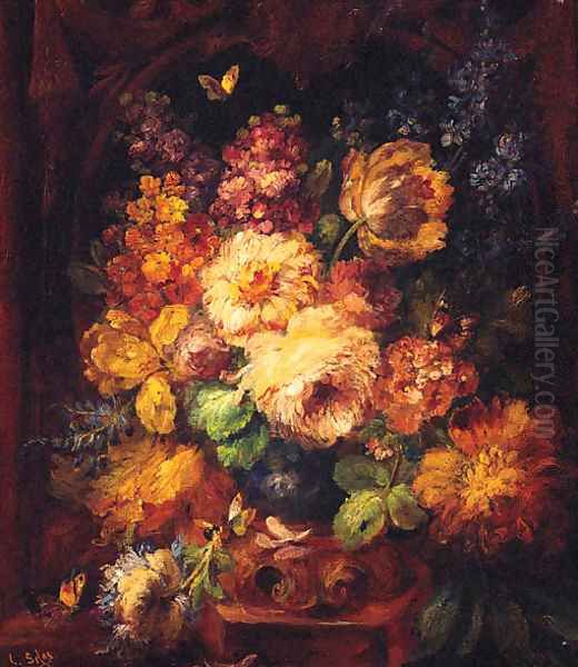 Peonies And Delphiniums With Butterflies, In An Urn In An Niche - view 1