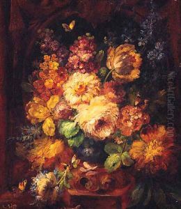 Peonies And Delphiniums With Butterflies, In An Urn In An Niche
