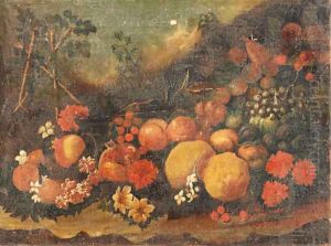 Pomegranates, apples, grapes and other fruit and flowers on a forest floor by Roman School