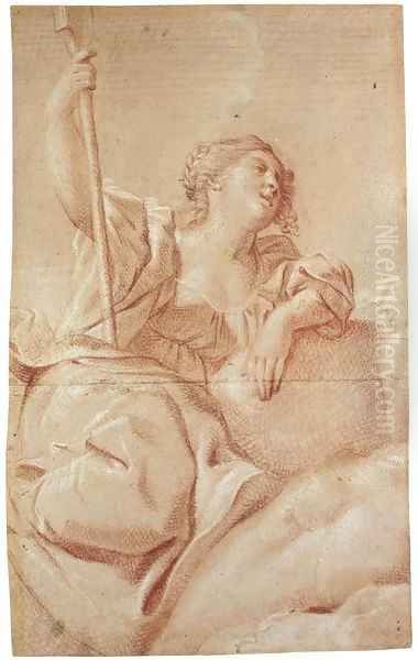 Fortune holding a rudder, seated on a cloud and looking to the right - view 1