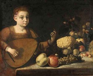 A girl playing a lute by a table laden with fruit by Roman School
