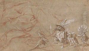 Four grotesque animals and a fragmentary study of a draped figure by Roman School