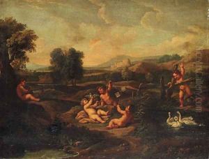 Putti disporting in landscapes by Roman School