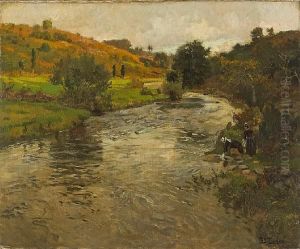 A River Landscape With Two Washerwomen On Theriver Bank A River Landscape With Two Washerwomen On Theriver Bank