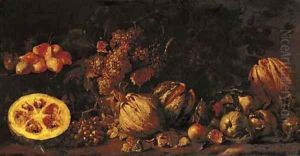 A still life with melons, pears, grapes and pomegranates by Roman School
