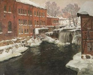 Factories Byakerselven, Snow by Fritz Thaulow