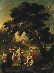 A wooded river landscape with the Finding of Moses, a city and mountains beyond by Roman School